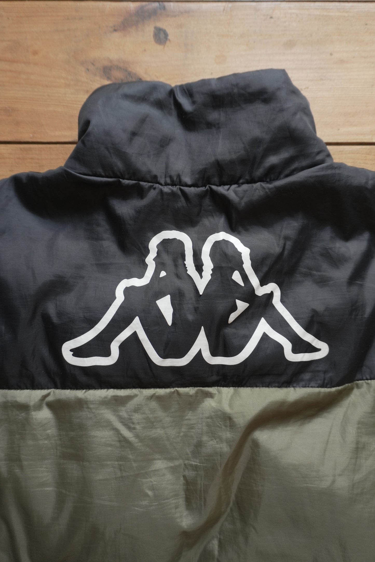 Kappa Puffer Jacket 90's VIntage Coat Khaki Green Black Men's Medium Turtleneck Full Zip White Logo