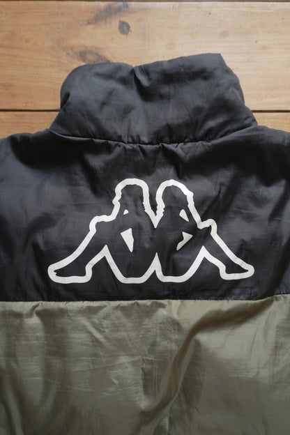Kappa Puffer Jacket 90's VIntage Coat Khaki Green Black Men's Medium Turtleneck Full Zip White Logo
