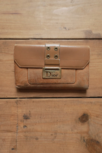 Dior Wallet Vintage Brown Leather Tan Calfskin Purse Gold Buckle Y2K Saddle
