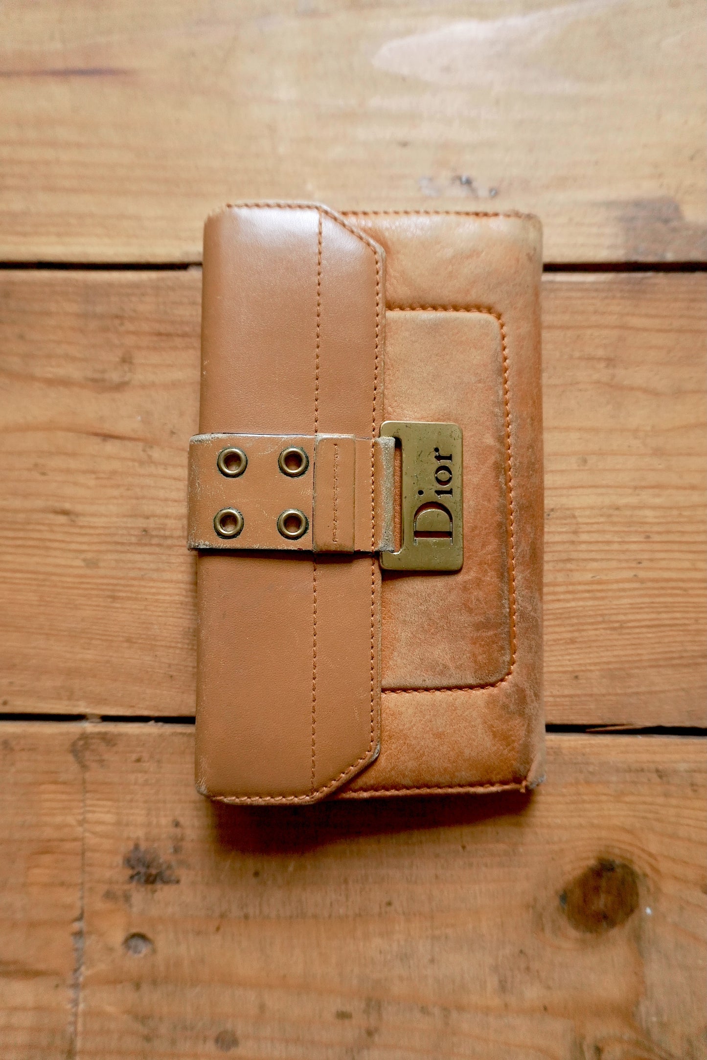 Dior Wallet Vintage Brown Leather Tan Calfskin Purse Gold Buckle Y2K Saddle