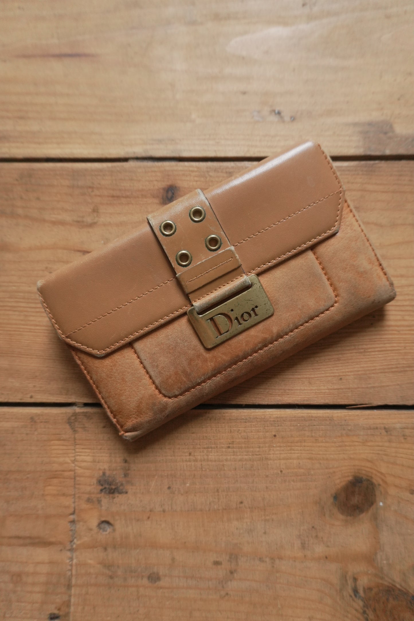 Dior Wallet Vintage Brown Leather Tan Calfskin Purse Gold Buckle Y2K Saddle