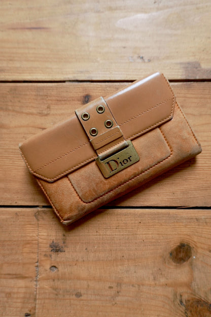 Dior Wallet Vintage Brown Leather Tan Calfskin Purse Gold Buckle Y2K Saddle
