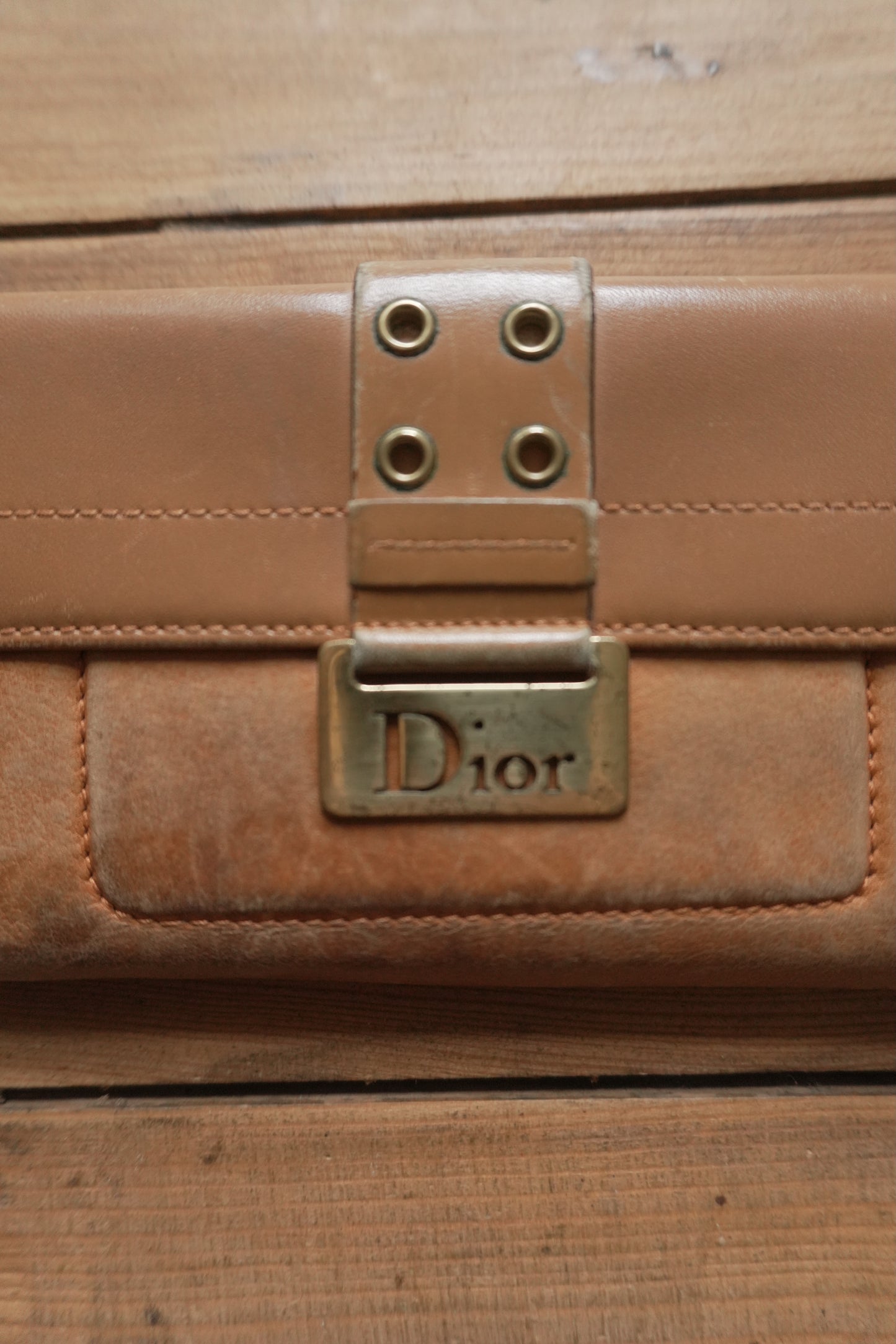 Dior Wallet Vintage Brown Leather Tan Calfskin Purse Gold Buckle Y2K Saddle