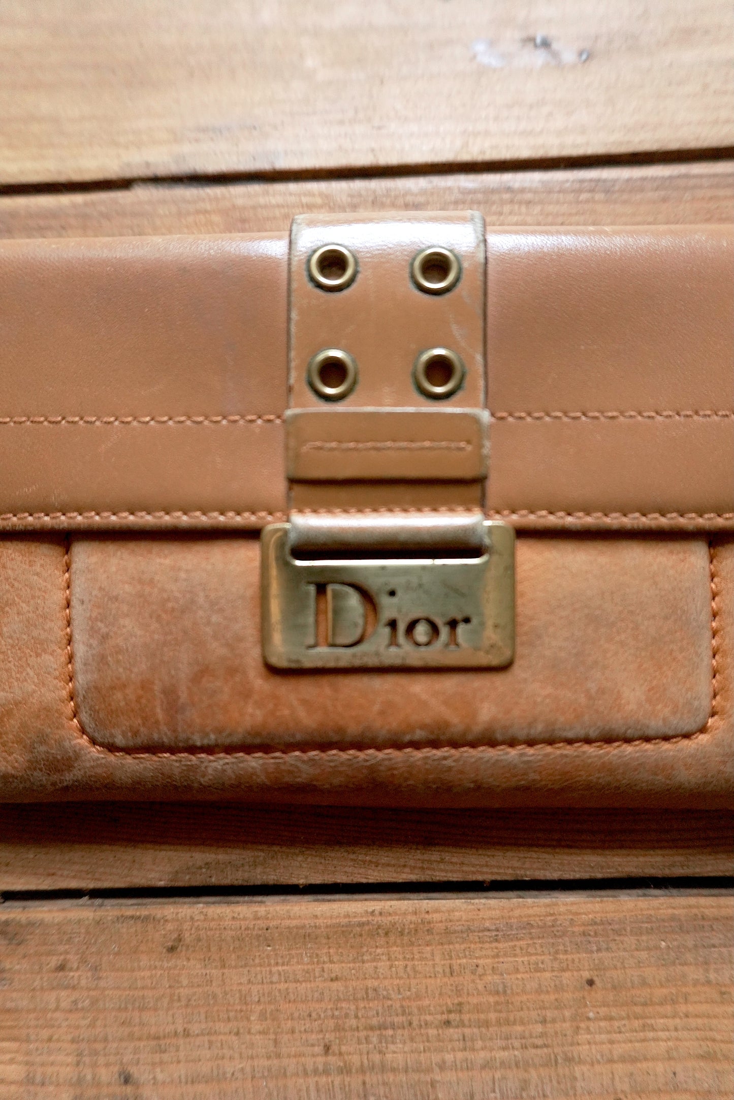 Dior Wallet Vintage Brown Leather Tan Calfskin Purse Gold Buckle Y2K Saddle