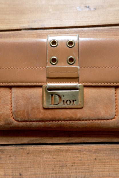 Dior Wallet Vintage Brown Leather Tan Calfskin Purse Gold Buckle Y2K Saddle