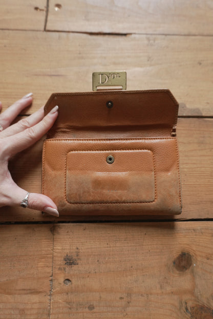 Dior Wallet Vintage Brown Leather Tan Calfskin Purse Gold Buckle Y2K Saddle