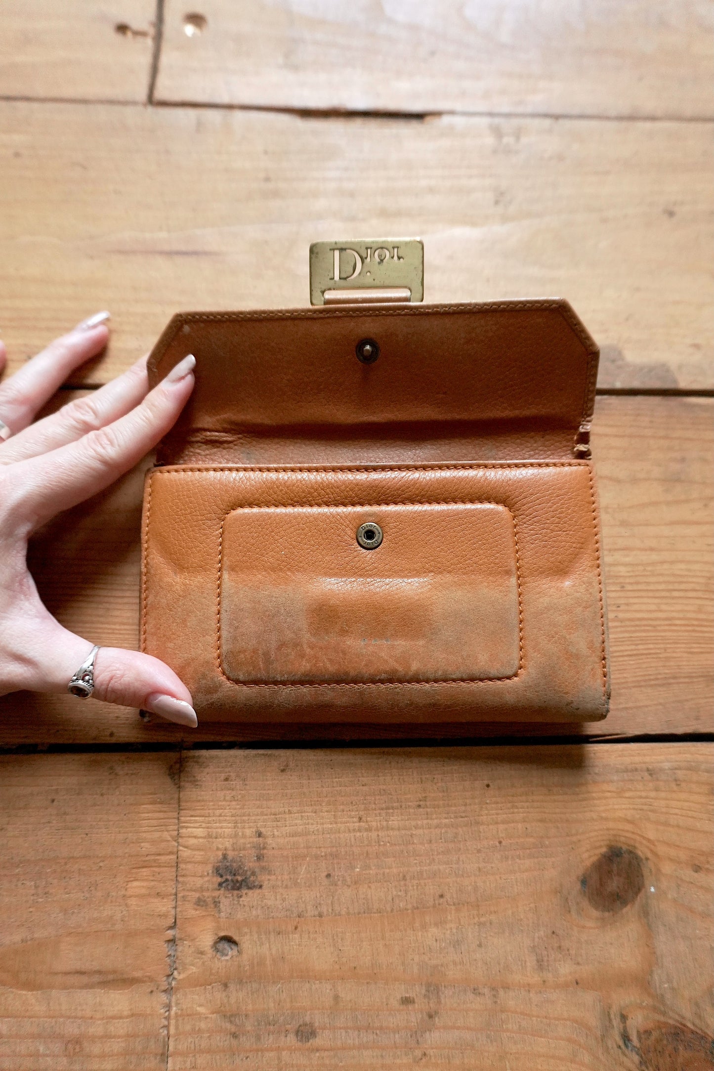 Dior Wallet Vintage Brown Leather Tan Calfskin Purse Gold Buckle Y2K Saddle