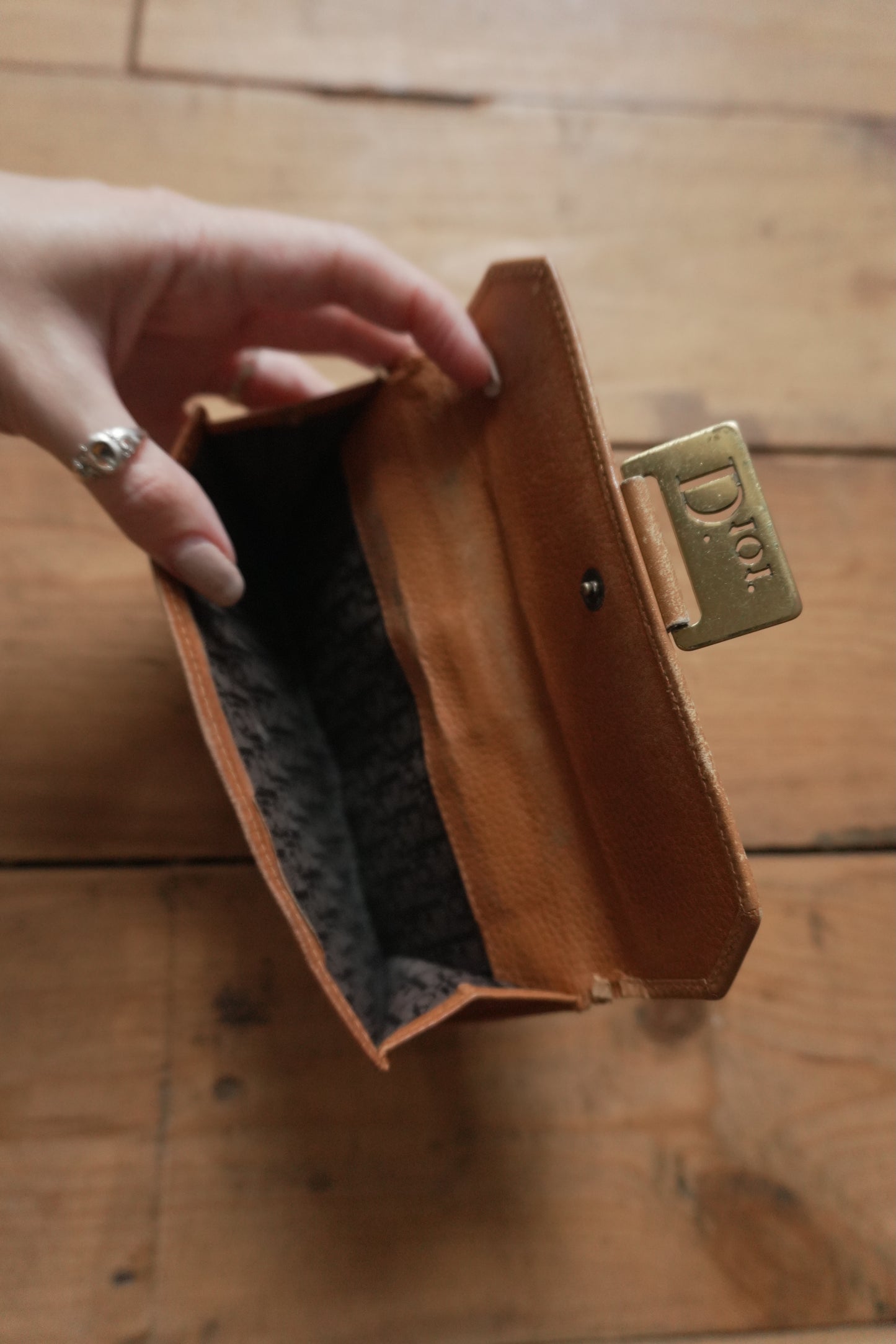 Dior Wallet Vintage Brown Leather Tan Calfskin Purse Gold Buckle Y2K Saddle