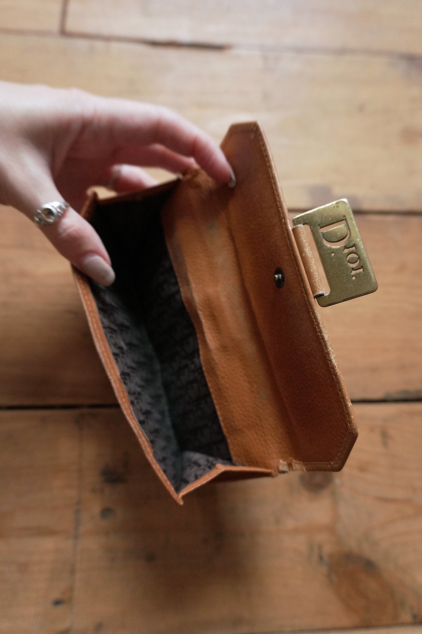 Dior Wallet Vintage Brown Leather Tan Calfskin Purse Gold Buckle Y2K Saddle