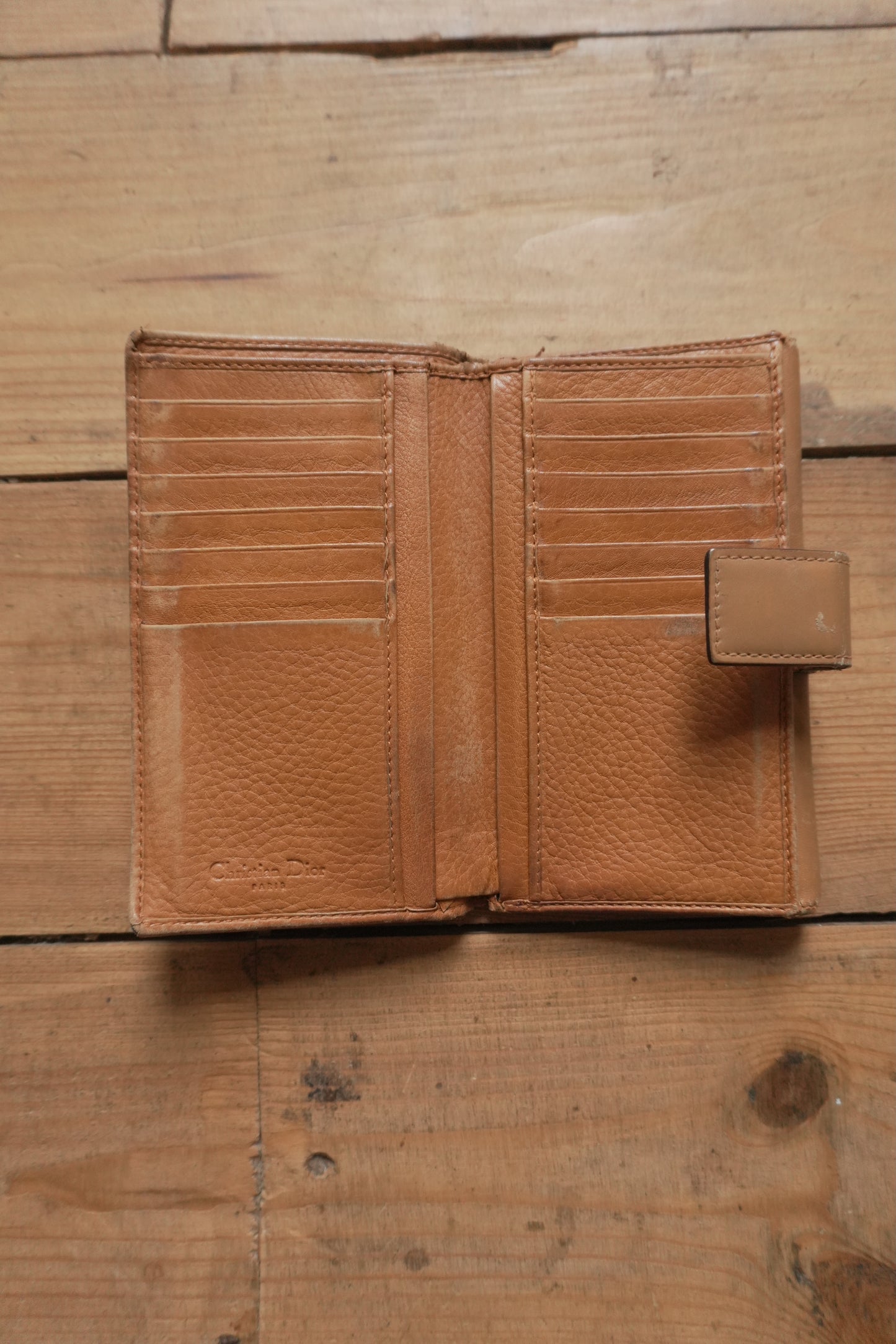 Dior Wallet Vintage Brown Leather Tan Calfskin Purse Gold Buckle Y2K Saddle