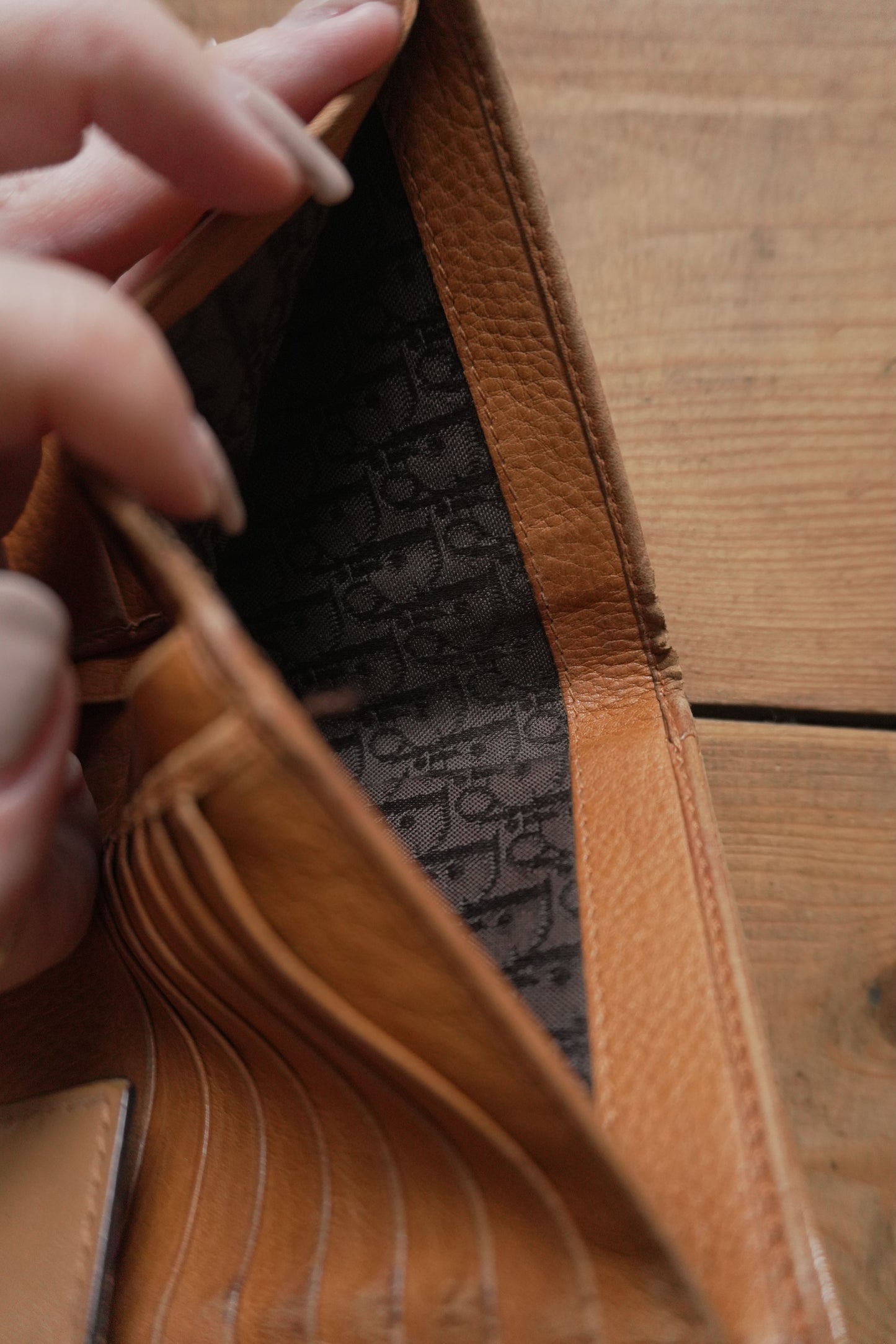 Dior Wallet Vintage Brown Leather Tan Calfskin Purse Gold Buckle Y2K Saddle