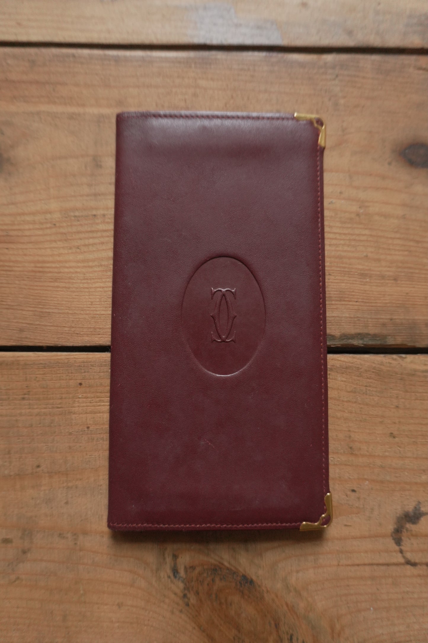 Cartier Leather Wallet Vintage Burgundy Red Bi-fold Long Purse Must De Cartier