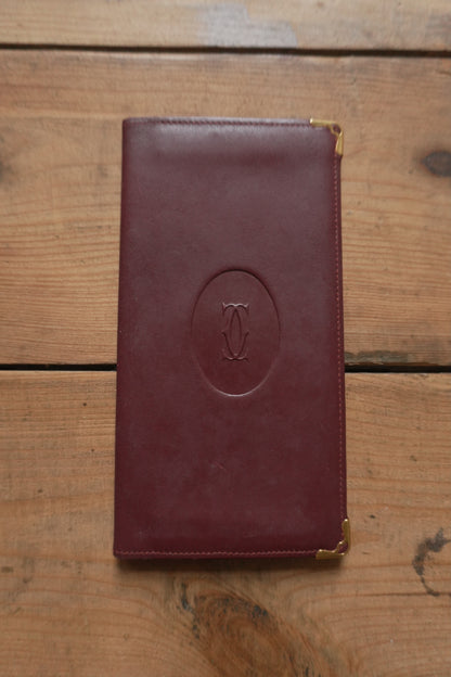 Cartier Leather Wallet Vintage Burgundy Red Bi-fold Long Purse Must De Cartier