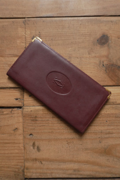 Cartier Leather Wallet Vintage Burgundy Red Bi-fold Long Purse Must De Cartier
