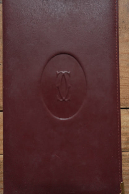 Cartier Leather Wallet Vintage Burgundy Red Bi-fold Long Purse Must De Cartier