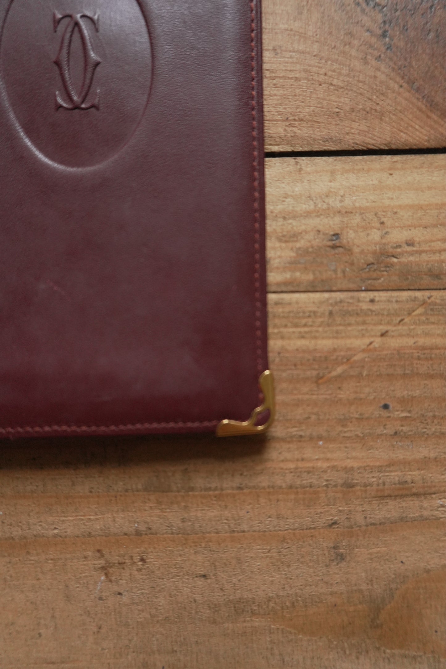 Cartier Leather Wallet Vintage Burgundy Red Bi-fold Long Purse Must De Cartier