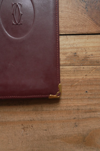 Cartier Leather Wallet Vintage Burgundy Red Bi-fold Long Purse Must De Cartier