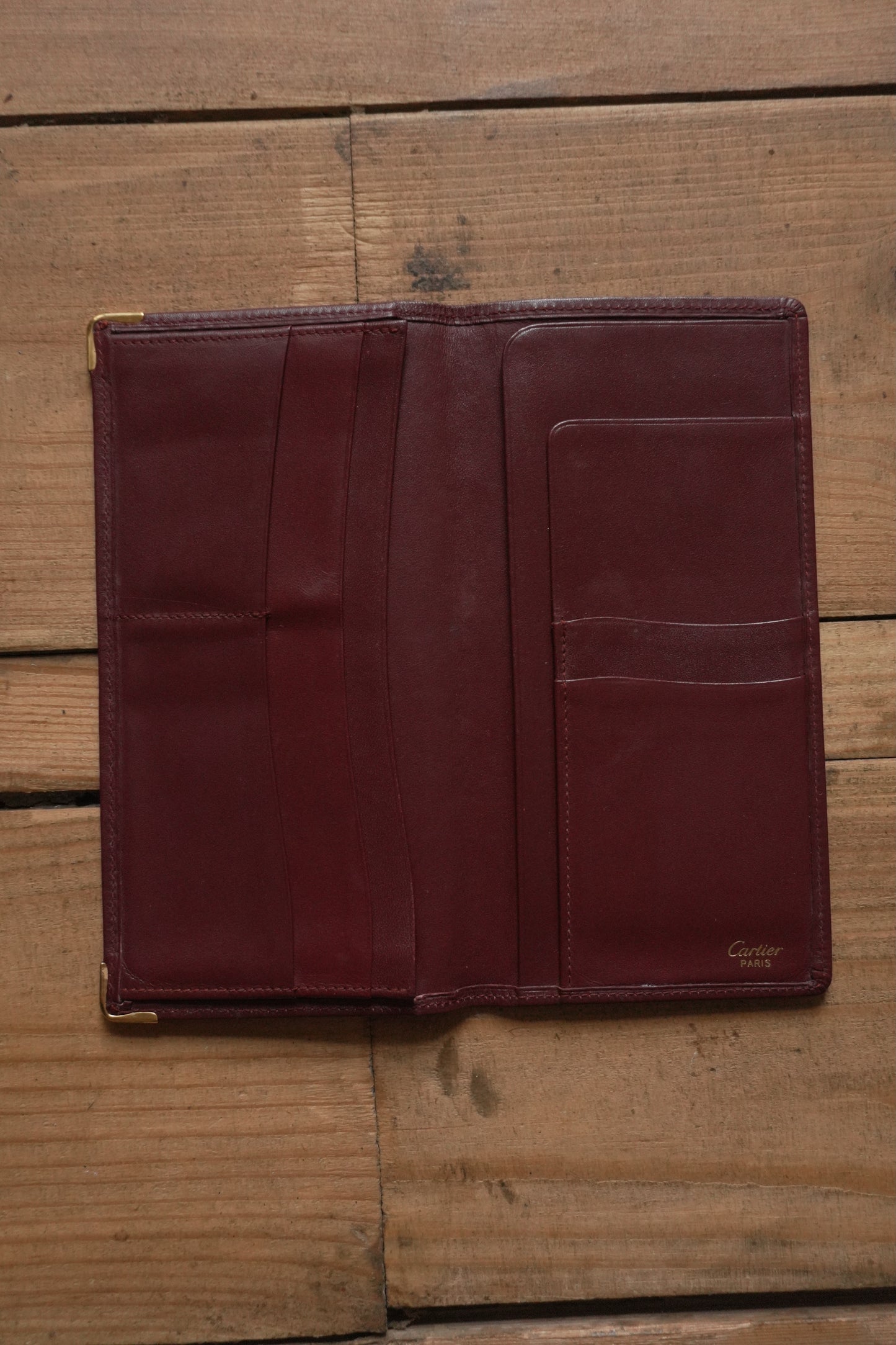 Cartier Leather Wallet Vintage Burgundy Red Bi-fold Long Purse Must De Cartier