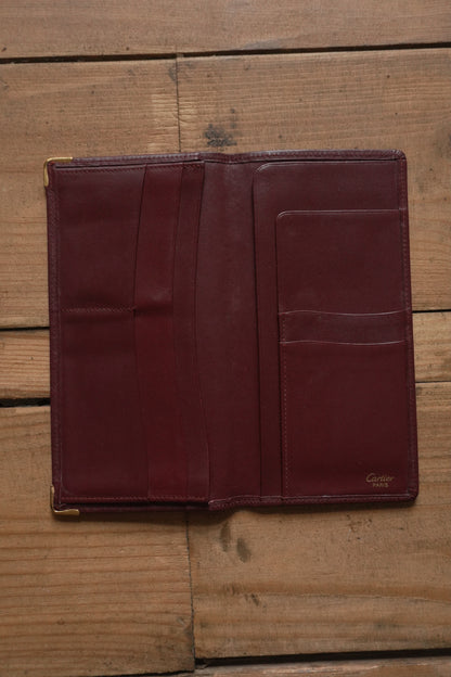 Cartier Leather Wallet Vintage Burgundy Red Bi-fold Long Purse Must De Cartier