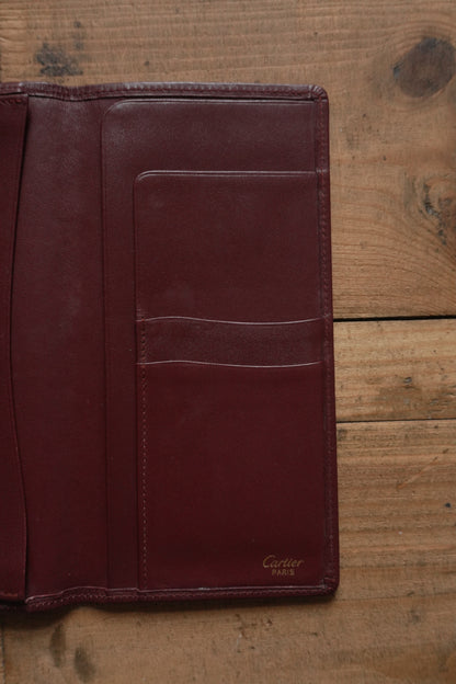 Cartier Leather Wallet Vintage Burgundy Red Bi-fold Long Purse Must De Cartier