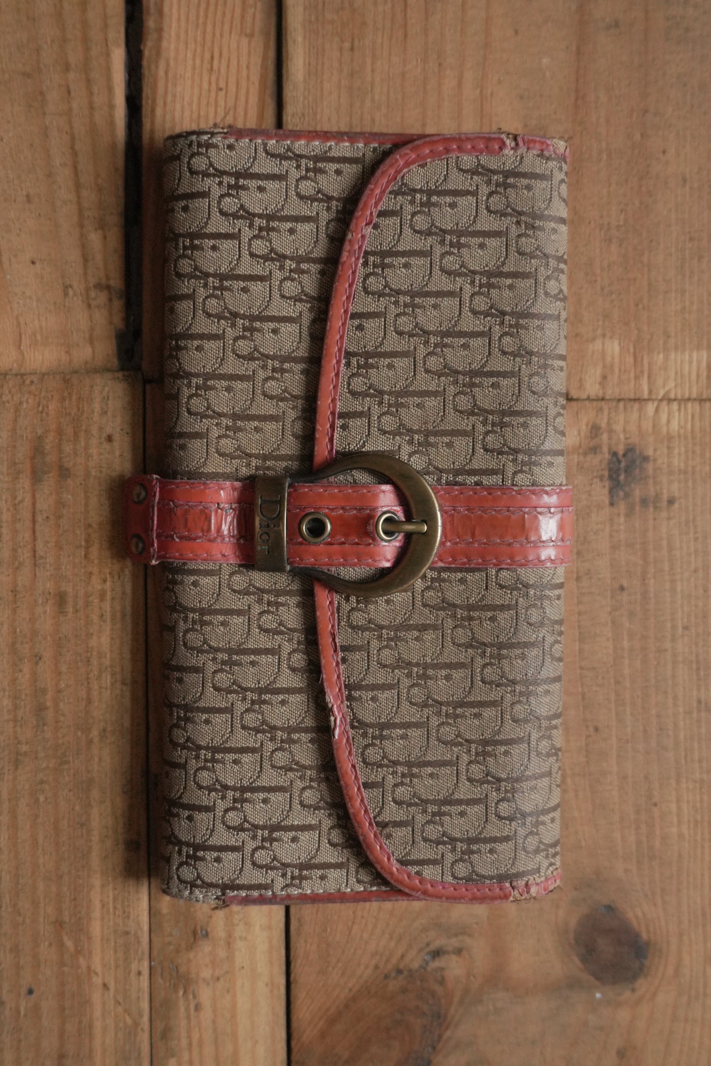 Dior Canvas Wallet Vintage Long Purse Oblique Print Buckle Pink Interior