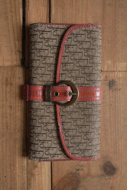 Dior Canvas Wallet Vintage Long Purse Oblique Print Buckle Pink Interior
