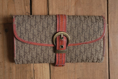 Dior Canvas Wallet Vintage Long Purse Oblique Print Buckle Pink Interior