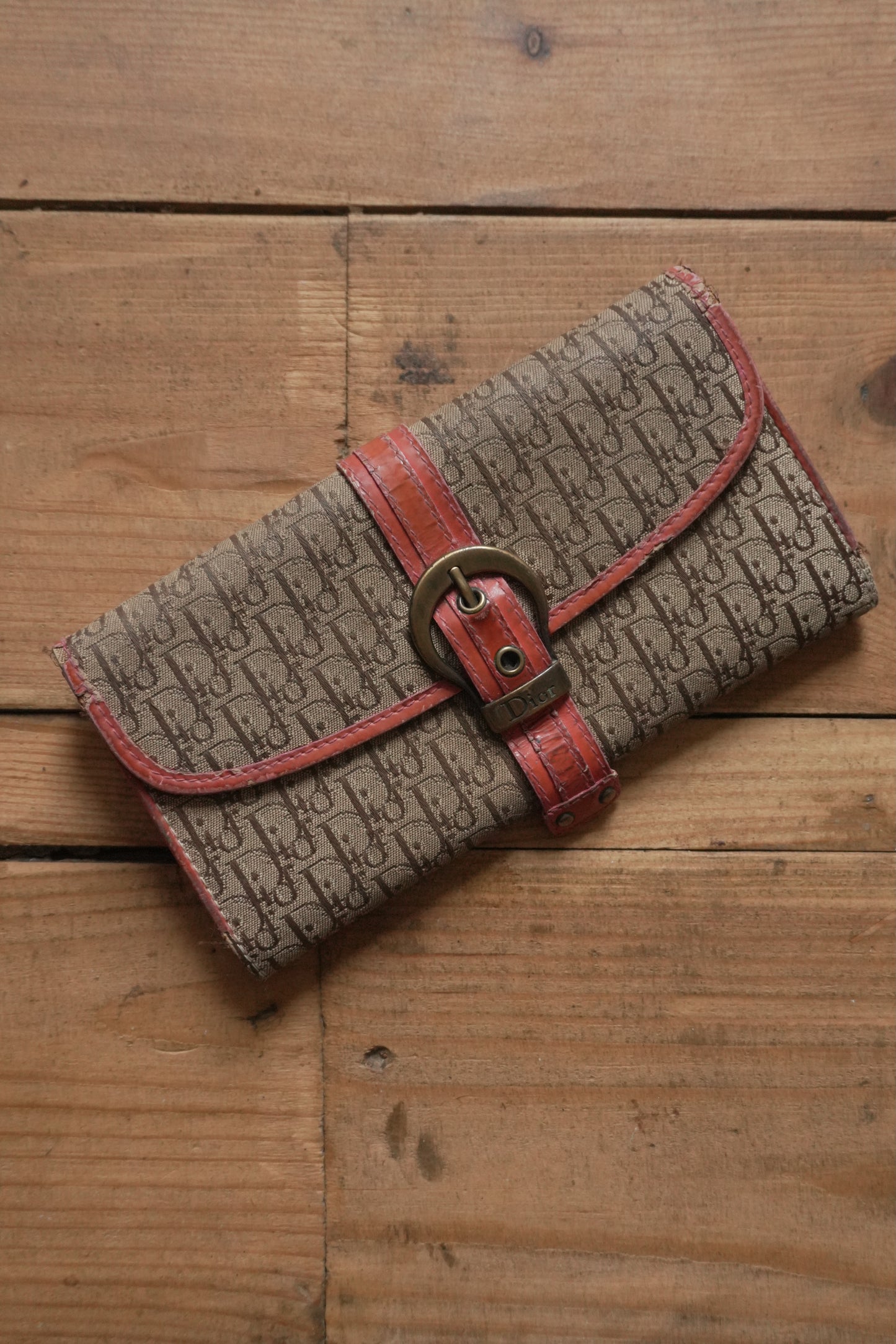 Dior Canvas Wallet Vintage Long Purse Oblique Print Buckle Pink Interior