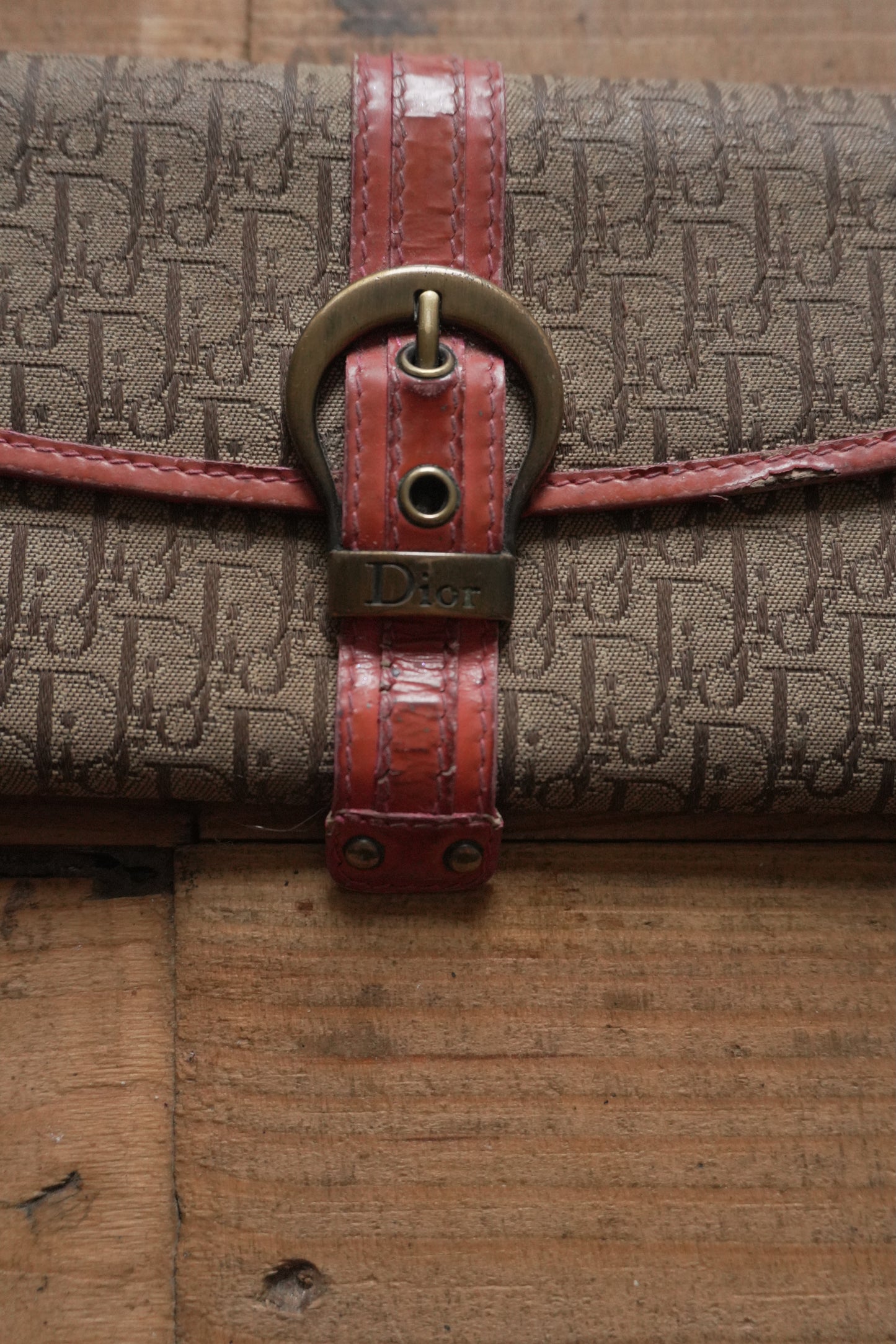 Dior Canvas Wallet Vintage Long Purse Oblique Print Buckle Pink Interior