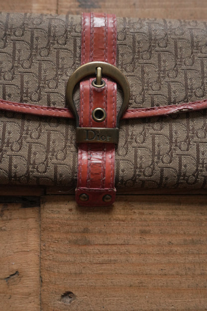 Dior Canvas Wallet Vintage Long Purse Oblique Print Buckle Pink Interior