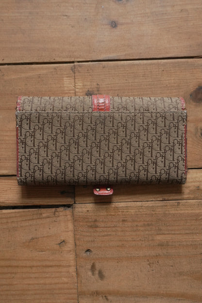 Dior Canvas Wallet Vintage Long Purse Oblique Print Buckle Pink Interior