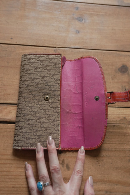 Dior Canvas Wallet Vintage Long Purse Oblique Print Buckle Pink Interior