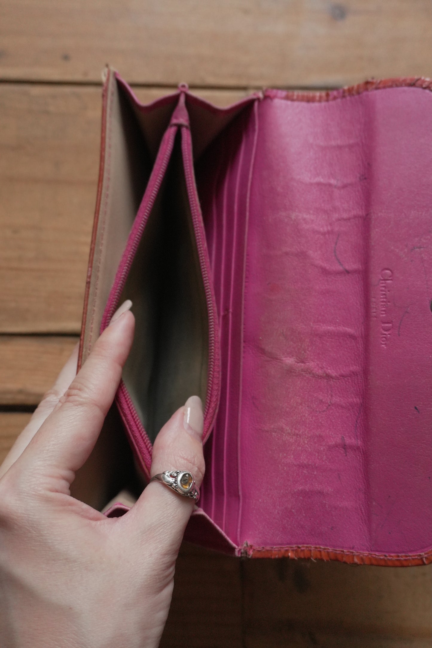 Dior Canvas Wallet Vintage Long Purse Oblique Print Buckle Pink Interior