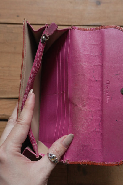 Dior Canvas Wallet Vintage Long Purse Oblique Print Buckle Pink Interior