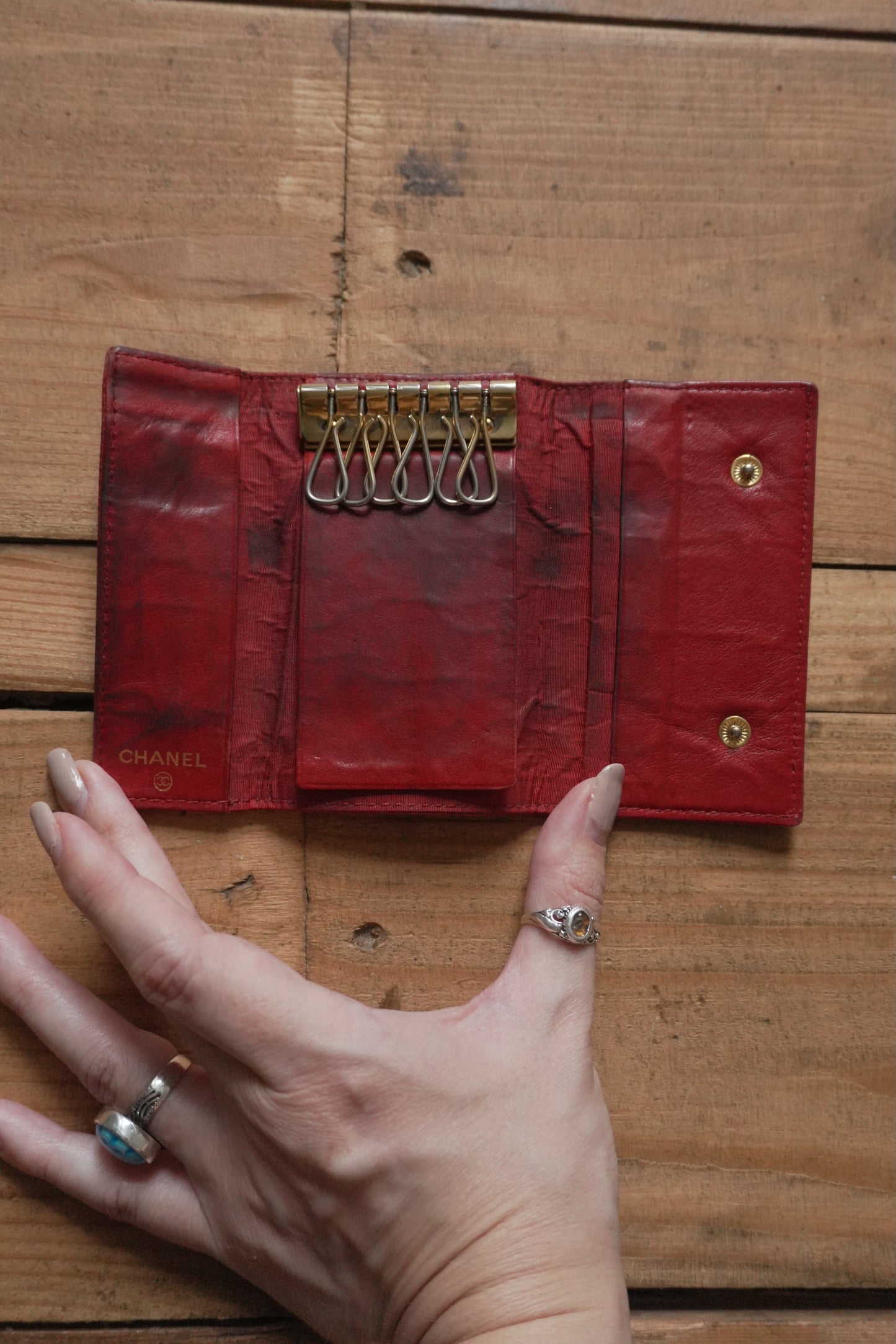 Chanel Leather Key Case Caviar Red Key Holder 6 Ring