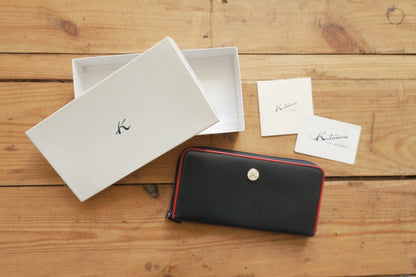 Vintage Wallet Navy Blue Leather Red Trim Kitamura Long Purse Women's Zip Around White Logo