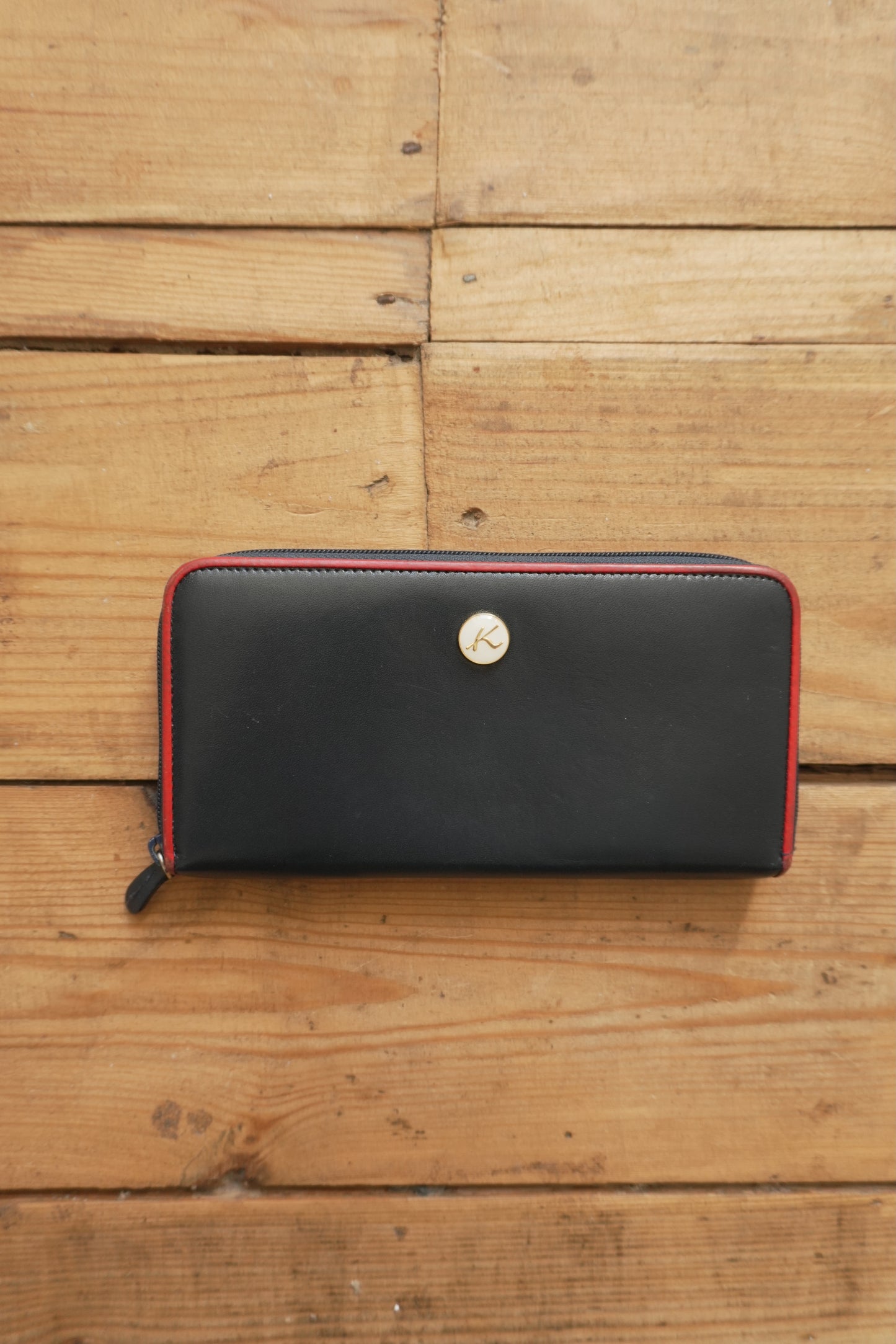 Vintage Wallet Navy Blue Leather Red Trim Kitamura Long Purse Women's Zip Around White Logo