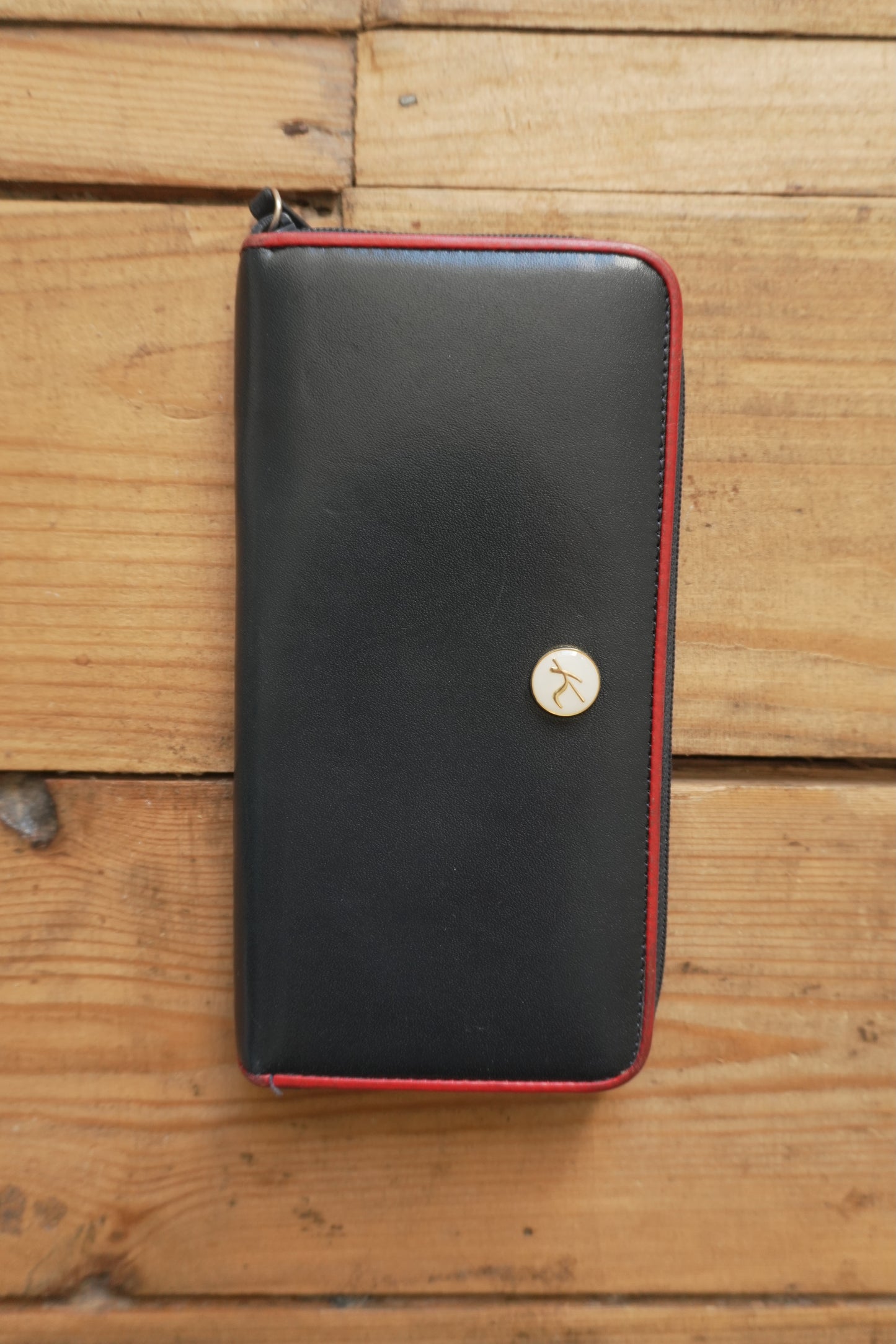 Vintage Wallet Navy Blue Leather Red Trim Kitamura Long Purse Women's Zip Around White Logo