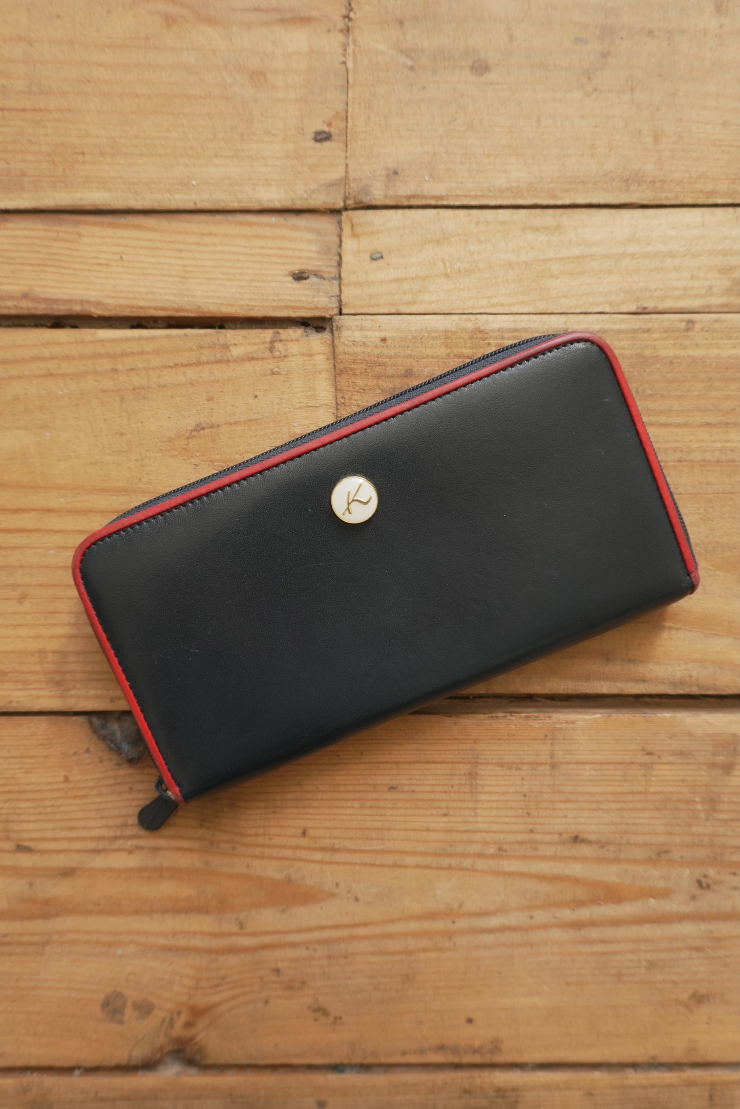 Vintage Wallet Navy Blue Leather Red Trim Kitamura Long Purse Women's Zip Around White Logo