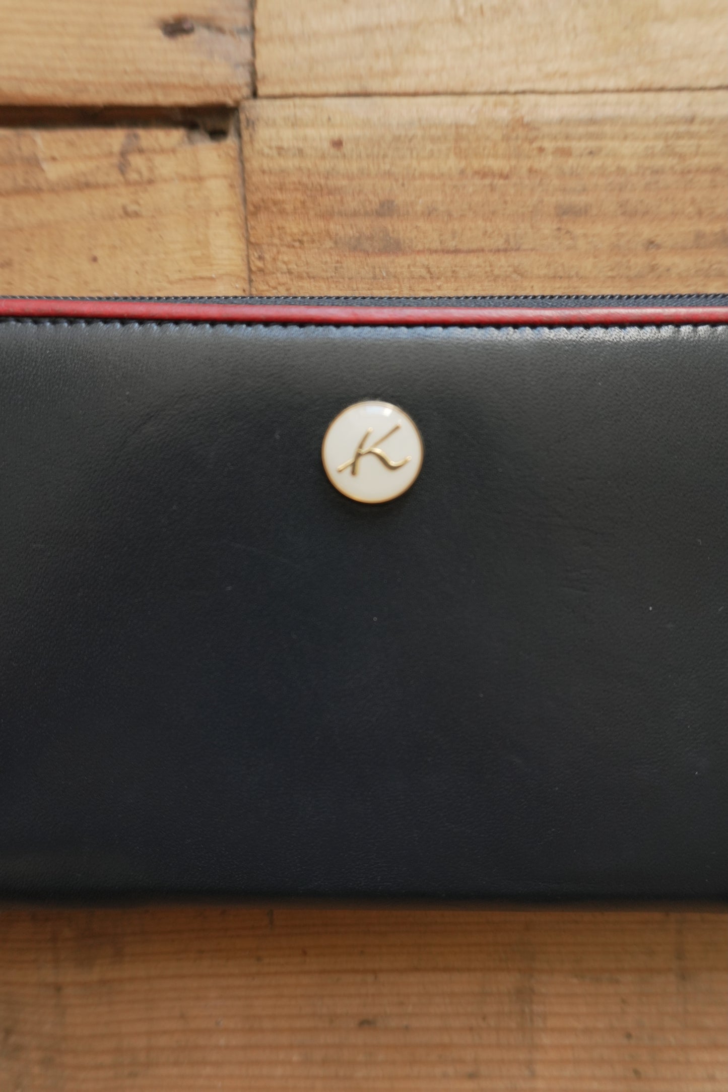 Vintage Wallet Navy Blue Leather Red Trim Kitamura Long Purse Women's Zip Around White Logo