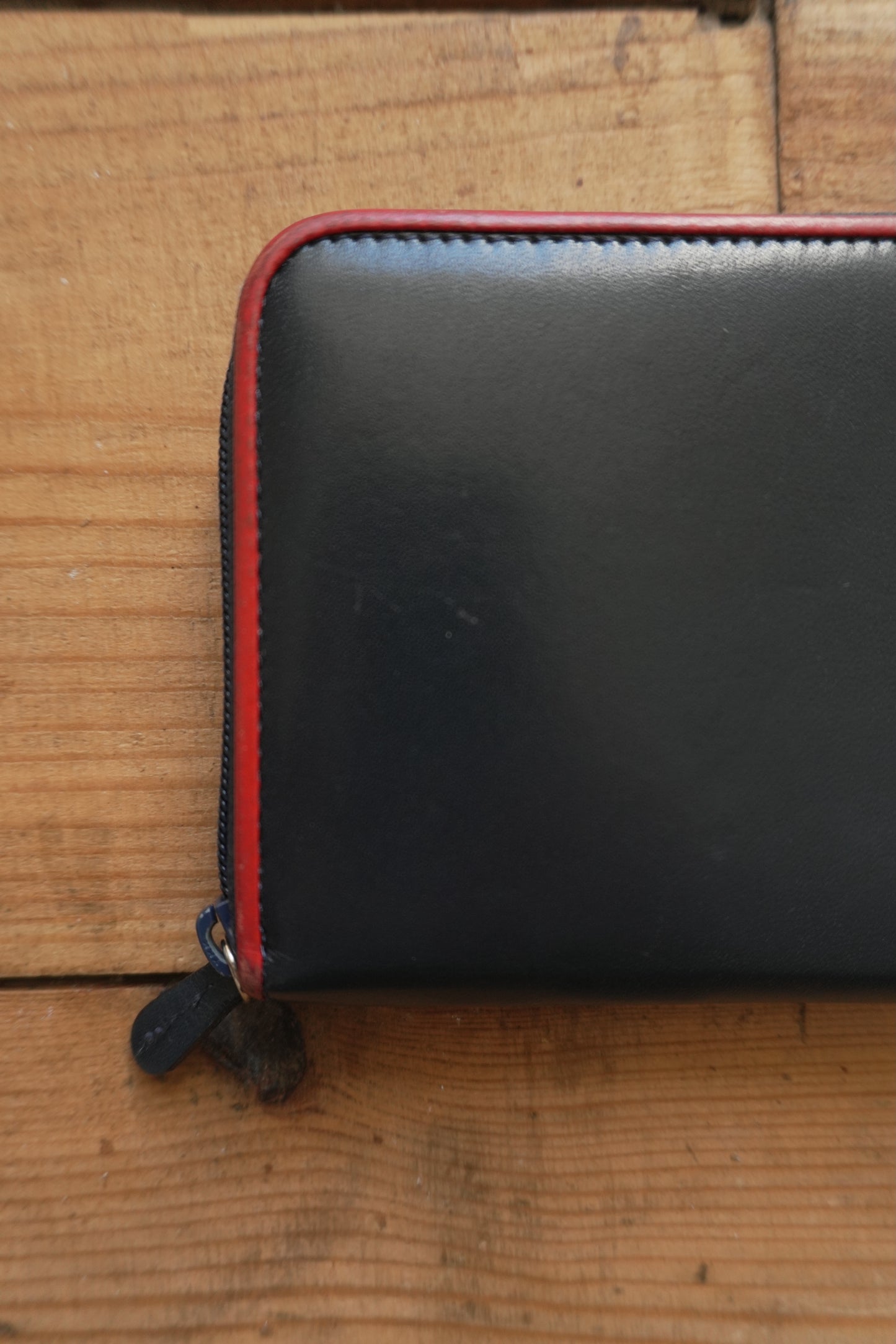 Vintage Wallet Navy Blue Leather Red Trim Kitamura Long Purse Women's Zip Around White Logo