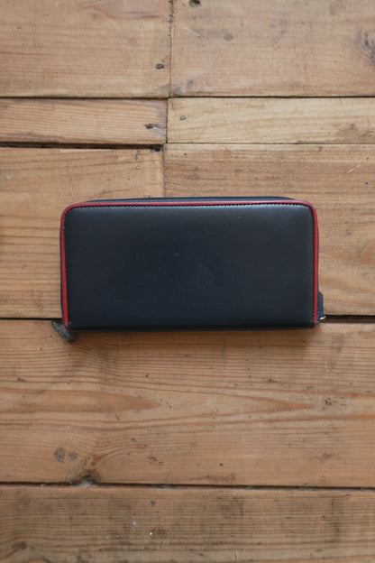 Vintage Wallet Navy Blue Leather Red Trim Kitamura Long Purse Women's Zip Around White Logo