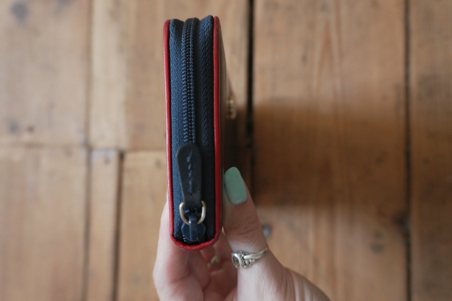 Vintage Wallet Navy Blue Leather Red Trim Kitamura Long Purse Women's Zip Around White Logo