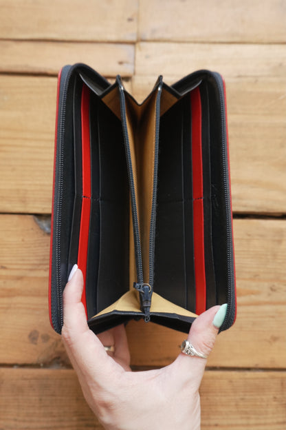 Vintage Wallet Navy Blue Leather Red Trim Kitamura Long Purse Women's Zip Around White Logo