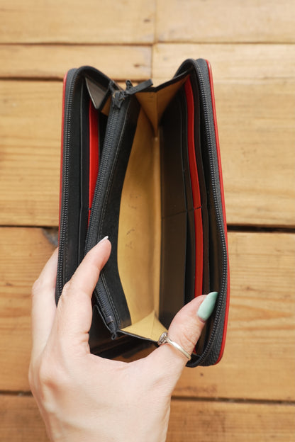 Vintage Wallet Navy Blue Leather Red Trim Kitamura Long Purse Women's Zip Around White Logo