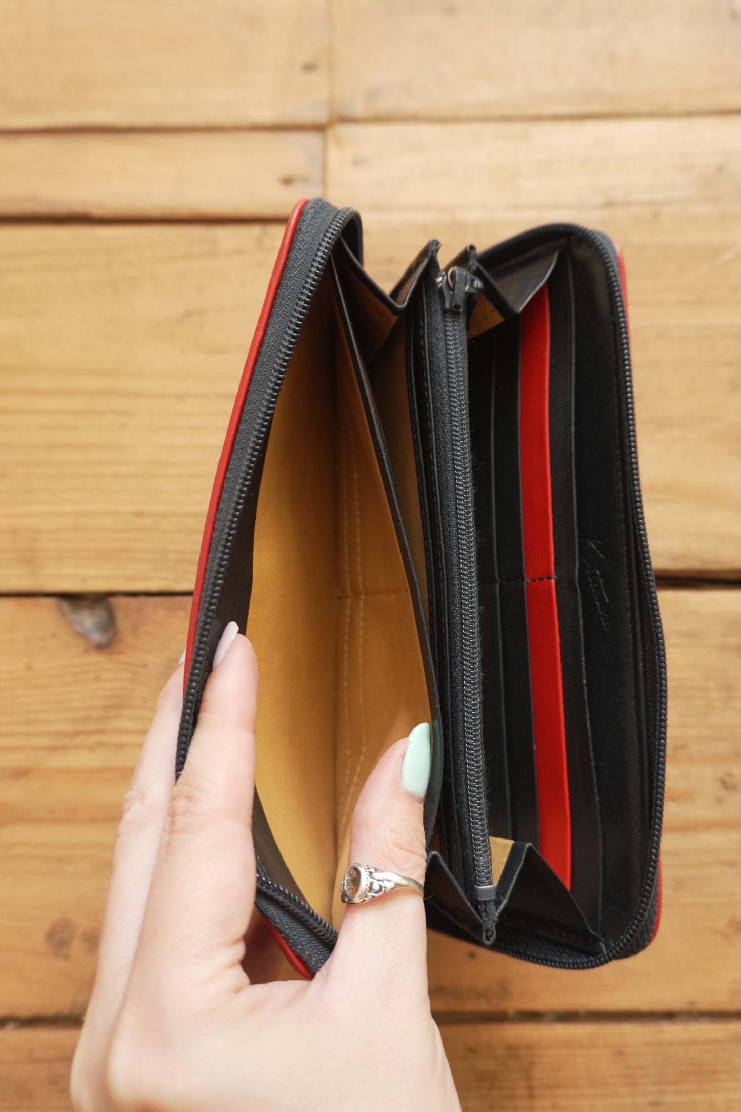 Vintage Wallet Navy Blue Leather Red Trim Kitamura Long Purse Women's Zip Around White Logo