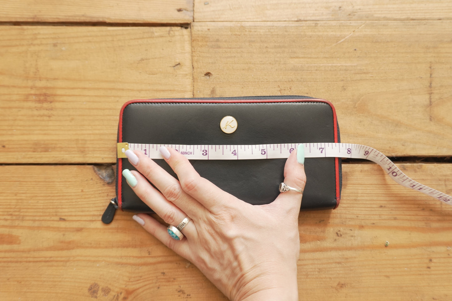 Vintage Wallet Navy Blue Leather Red Trim Kitamura Long Purse Women's Zip Around White Logo