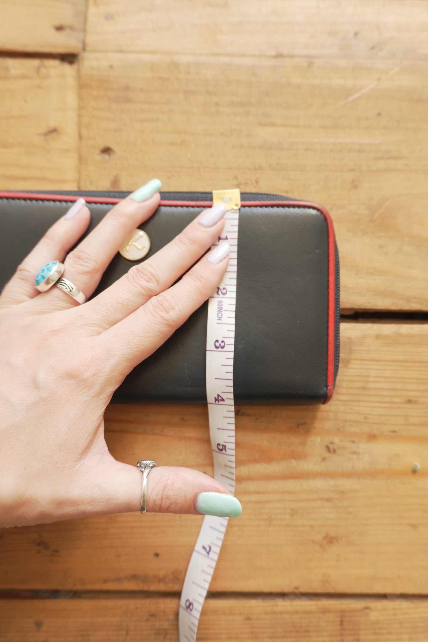 Vintage Wallet Navy Blue Leather Red Trim Kitamura Long Purse Women's Zip Around White Logo