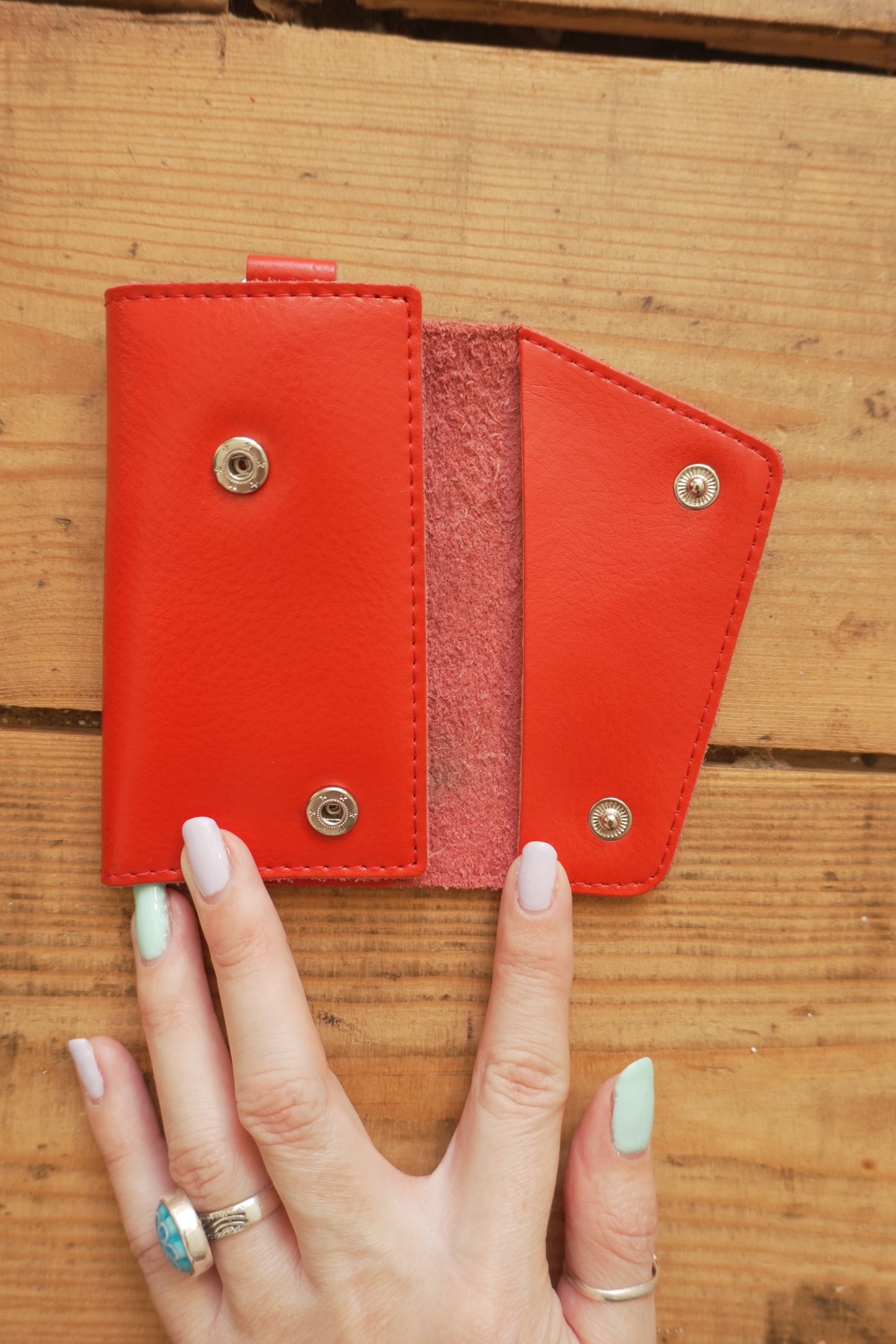 Vintage Key Case Red Leather Key Holder Silver Hardware with Key Hooks