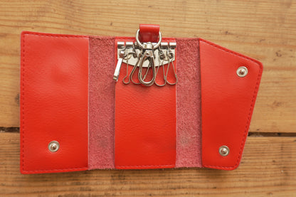 Vintage Key Case Red Leather Key Holder Silver Hardware with Key Hooks